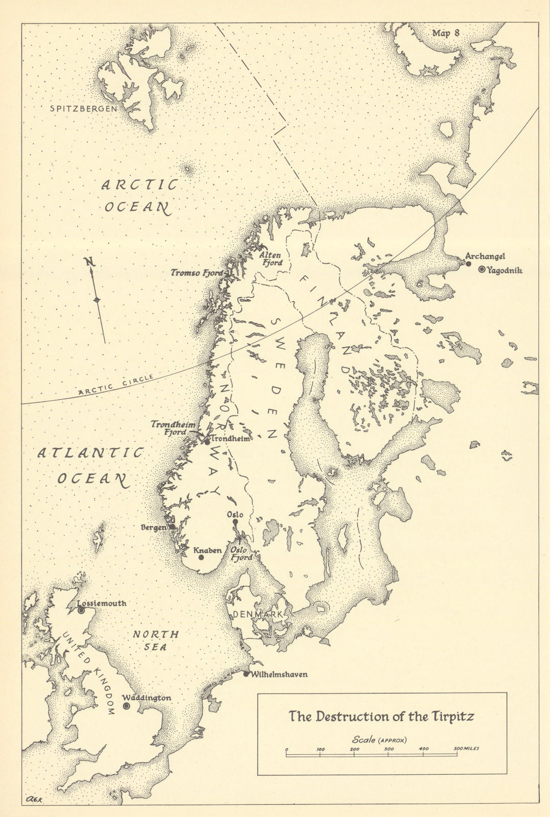 The destruction of the Tirpitz, 12 November 1944. Tromsø. World War Two 1961 map